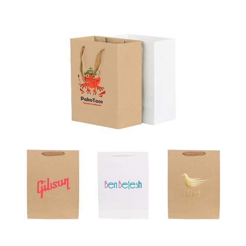 A small vertical paper bag in brown and white with rope handles, featuring various logos and designs.