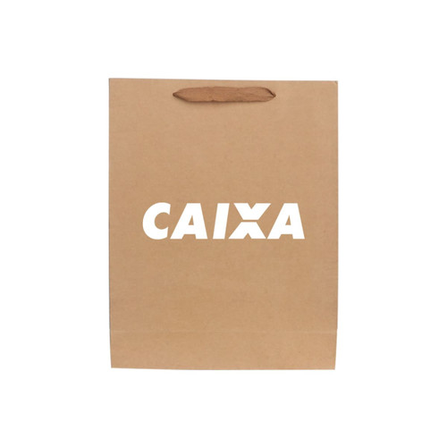 A medium brown paper bag with fabric flat handles, featuring a logo on the front.