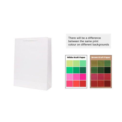 A large white vertical paper bag with fabric flat handle, featuring a sample of print colours on kraft paper.