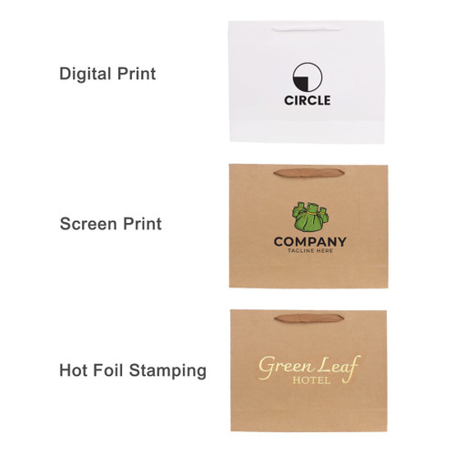 A small crosswise paper bag with a rope handle, featuring various print options on a white and brown background.
