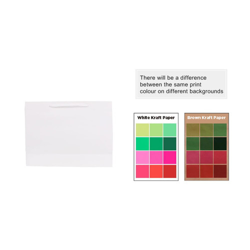 A medium white kraft paper bag with a fabric flat handle. It features a colour comparison chart for printing options.