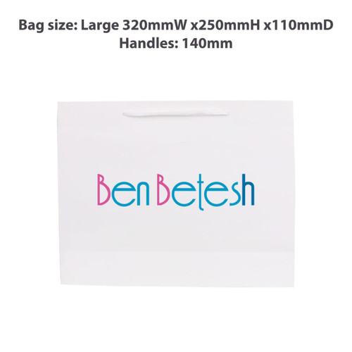 A large white paper bag with fabric flat handles and a logo printed on the front.