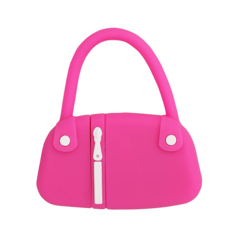 A pink handbag-shaped flash drive with a zip design and white accents. Includes a simple logo on the front.