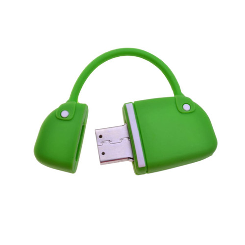 A green handbag-shaped flash drive with a USB connector exposed and a handle. It features two white buttons.