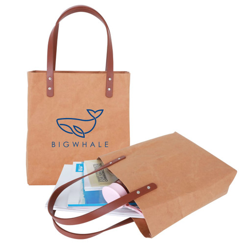A washable kraft paper bag in brown with a brown PU handle, containing various items like papers and a drink bottle.