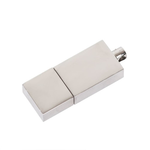 A silver flash drive with a sleek, minimalist design, featuring a metallic finish and a subtle logo.