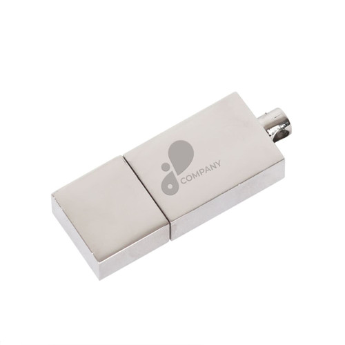 A silver flash drive with a metallic finish and a logo on its surface, featuring a sliding design.
