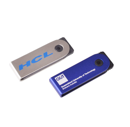 A silver and blue Mini Festin flash drive with logos, featuring a sleek design suitable for technology use.