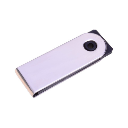 A sleek silver flash drive with a black end, featuring a small hole for attachment. Includes a logo on its surface.