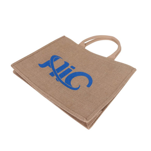 A natural jute tote bag in brown with handles and a blue logo.