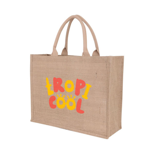 A natural jute tote bag in a light brown hue with a colourful printed design and sturdy handles.