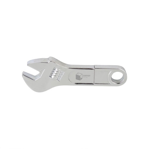 A silver spanner-shaped flash drive with a logo, designed for technology storage.