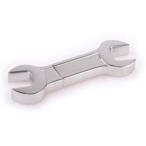 A silver dual spanner flash drive shaped like a wrench, featuring a logo on one side.