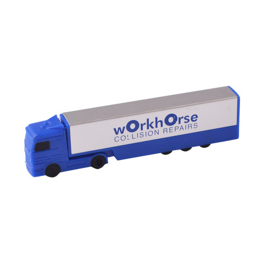 A blue truck-shaped flash drive with a silver truck bed, featuring a logo on the side.