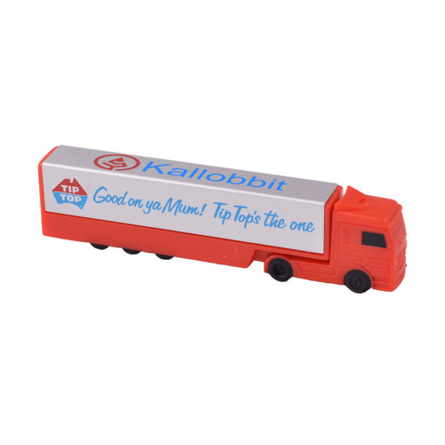 A truck-shaped flash drive in orange and grey, featuring a logo and promotional text on the side.