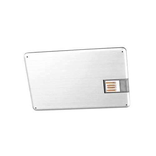 A silver swivel card flash drive with a minimalist design and a USB connector. It features a logo on one side.