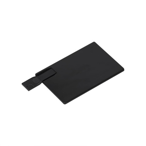 A black, credit card-sized flash drive with a sliding connector for easy use. It features a branding logo.