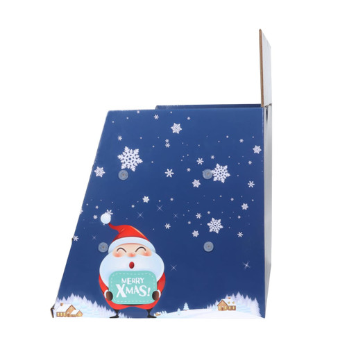 A three-tier counter display in blue, featuring a festive Santa Claus design and snowflake accents.