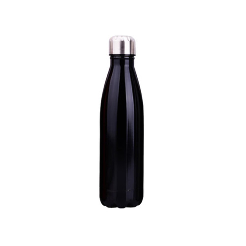 A drink bottle made of stainless steel with a double wall design in black, featuring a silver screw cap and branding.