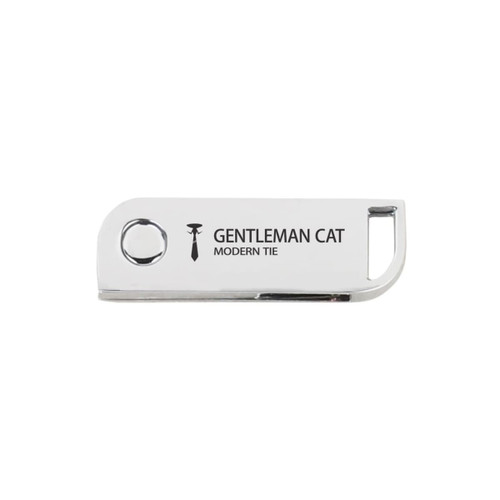A silver metal swivel flash drive featuring a logo on one side. The design is sleek and modern.