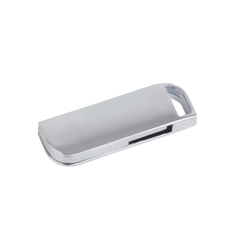A silver metal swivel flash drive with a sleek design and a branding logo.