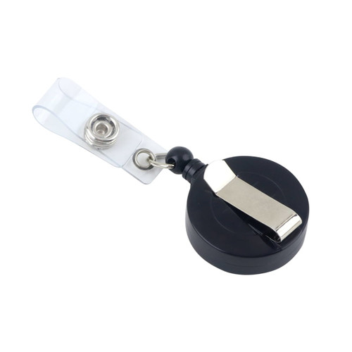 A round retractable card holder in black with a metal clip and clear strap for attachment.