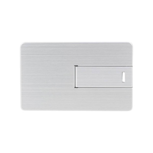 A small, silver alloy card-shaped flash drive with a sliding mechanism. It features a brushed metallic finish.