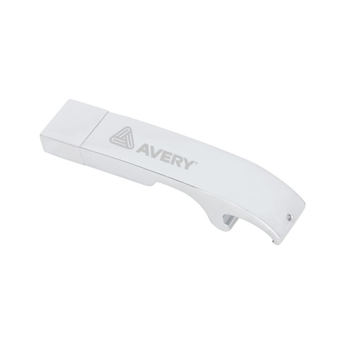 A drink bottle opener with a white body and a logo. It doubles as a flash drive.