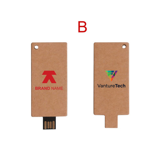 An eco-friendly small card flash drive in a tan colour with logos on both sides.