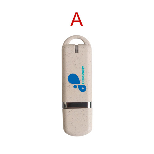 An eco-friendly flash drive in a light beige colour with a blue logo and silver detailing.