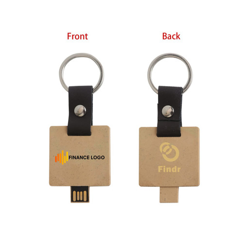 An eco-friendly flash drive keychain in beige with a ring attachment, featuring branding on one side and a USB connector.