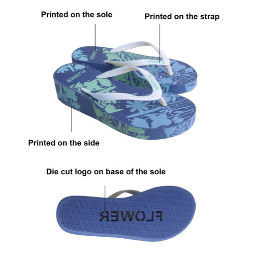 A pair of blue rubber thongs with floral patterns, featuring printed designs on the sole and straps.