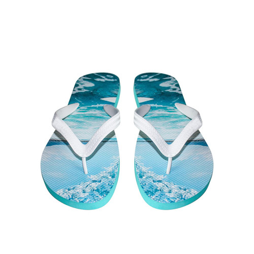 A pair of rubber thongs featuring a blue water design and white straps, with a logo on the sole.
