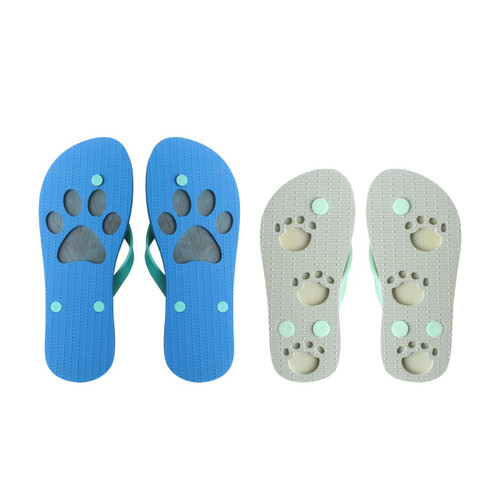 Rubber thongs in blue and grey featuring a paw print design on the soles, with green accents.