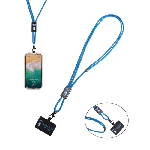 An adjustable blue phone lanyard with a metal buckle, featuring a holder for a smartphone and a tag.