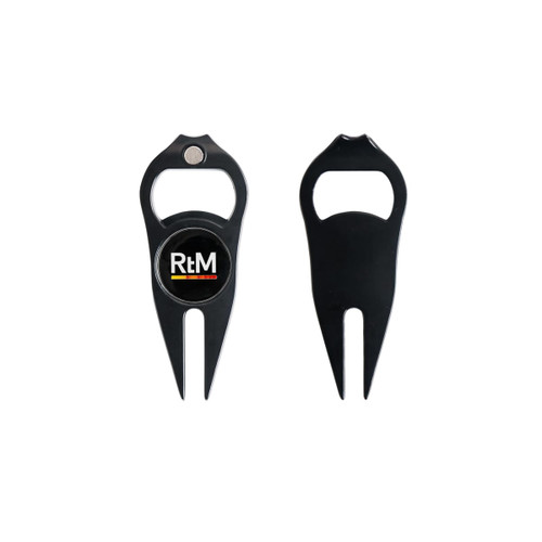 A black golf divot tool featuring a ball marker and bottle opener, with a logo on one side.