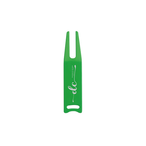 A green golf divot tool with a logo, featuring a forked end and a handle for easy grip.