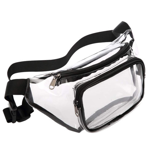 A clear fanny pack with a black adjustable strap and zippered compartments for storage.