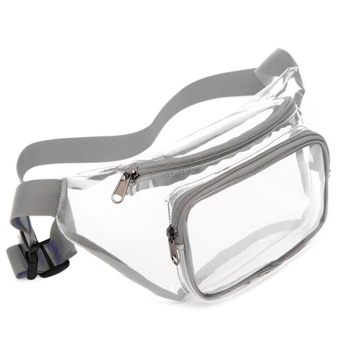 A clear fanny pack with a grey strap, featuring a zippered compartment and transparent body.
