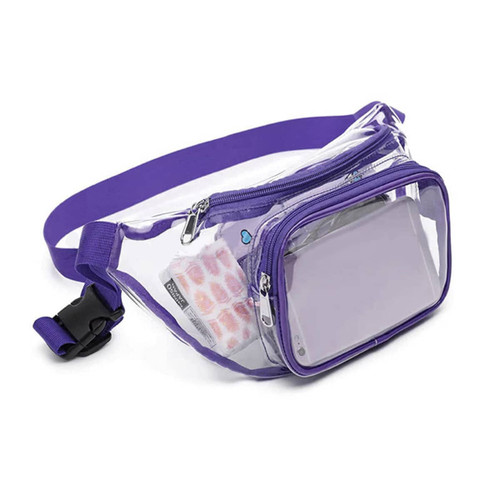 A clear fanny pack in purple, featuring a main compartment and a smaller front pocket, with a clip buckle.