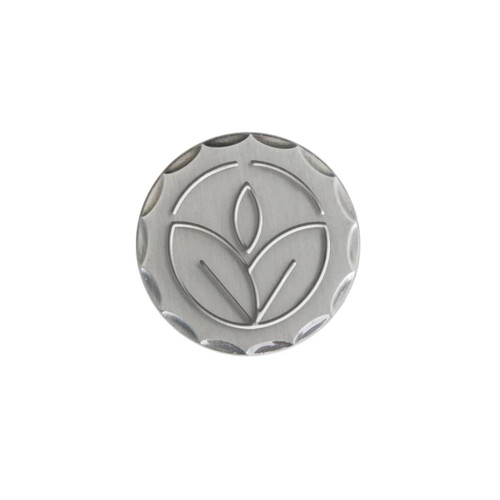 A metallic 40mm custom antique golf ball marker featuring a leaf design with a polished finish and a scalloped edge.