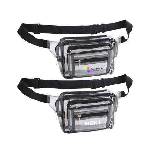 A transparent multi-layer waist bag with black accents and multiple zippered compartments. It features a logo.