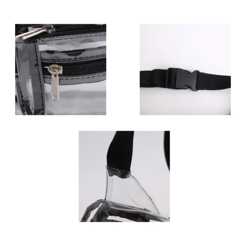 A multi-layer transparent waist bag in clear material, featuring a zipper, a buckle closure, and adjustable straps.