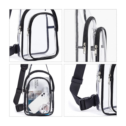 Clear PVC crossbody backpack featuring a transparent design with black zippers and adjustable straps. Includes a logo.