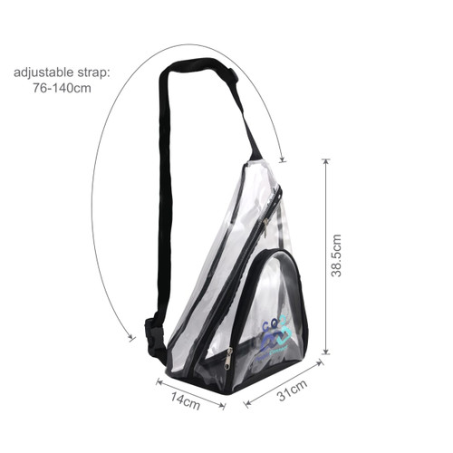 A clear PVC sling bag with an adjustable black strap and a logo, featuring a triangular design.