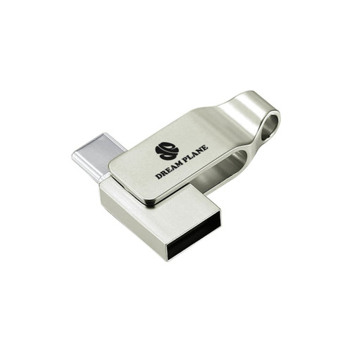 A silver Pivot Duo Type-C flash drive with a sleek design and a branding logo on it.