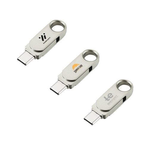 A silver Type-C flash drive with a swivel design, featuring multiple branding logos on each side.