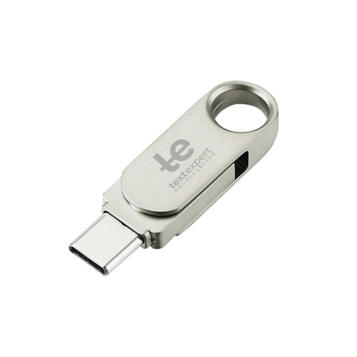 A silver Type-C flash drive with a swivel design and a logo on its surface.