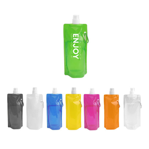A drink bottle featuring a 480ml collapsible pouch design in green, with additional bottles in grey, white, yellow, pink, and orange.
