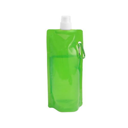 A drink bottle in a bright green colour with a spray nozzle and a carabiner attachment. It has a logo.